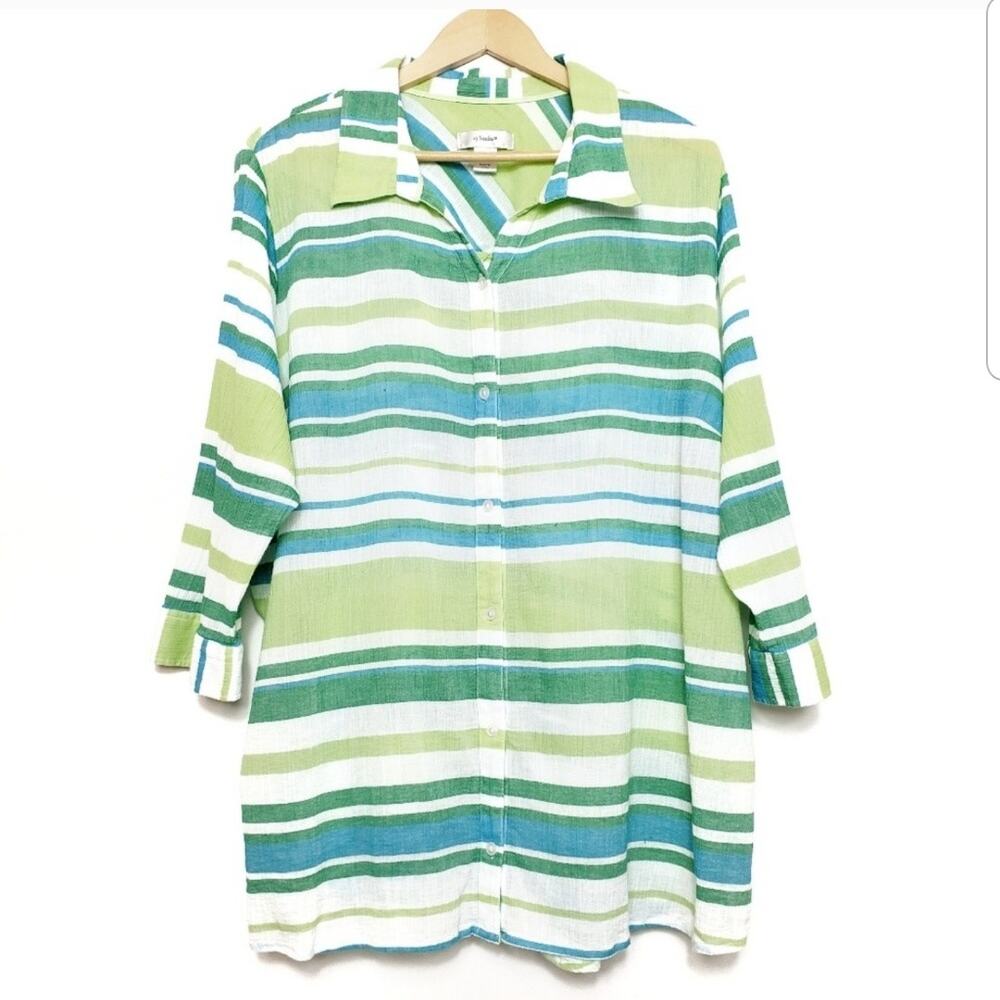 CJ Banks Women's 100% Cotton Striped Tunic Button Up Shirt Blouse Green Blue 1X